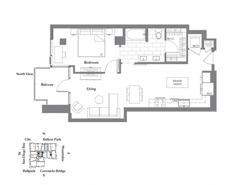 Floor plan for 1 bed, 1 bath, 814 sqft